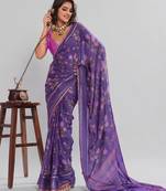Violet color graceful floral printed smart ceremonial saree