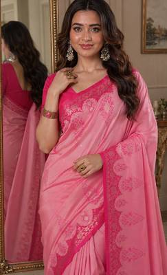 Pink soft silk blend banarasi jacuard work festive saree with unstitched blouse piece 2