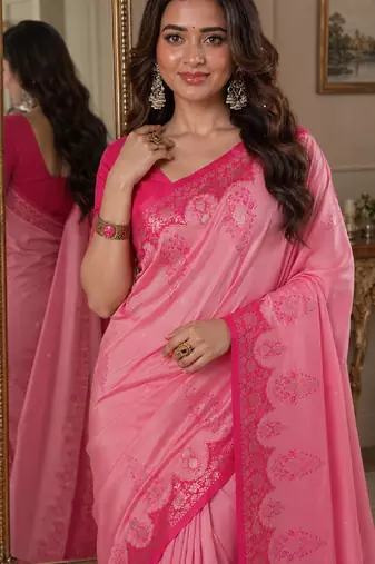 Pink soft silk blend banarasi jacuard work festive saree with unstitched blouse piece