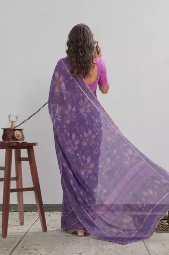 Violet color graceful floral printed smart ceremonial saree
