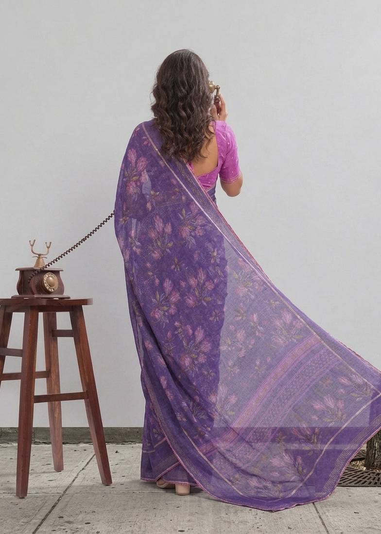 Violet color graceful floral printed smart ceremonial saree