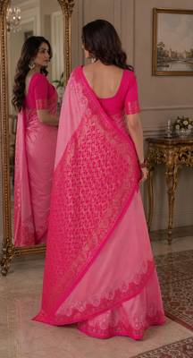 Pink soft silk blend banarasi jacuard work festive saree with unstitched blouse piece 3