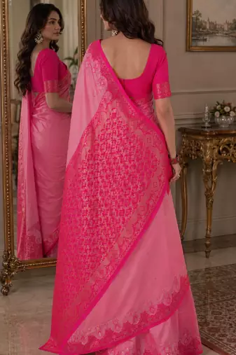 Pink soft silk blend banarasi jacuard work festive saree with unstitched blouse piece