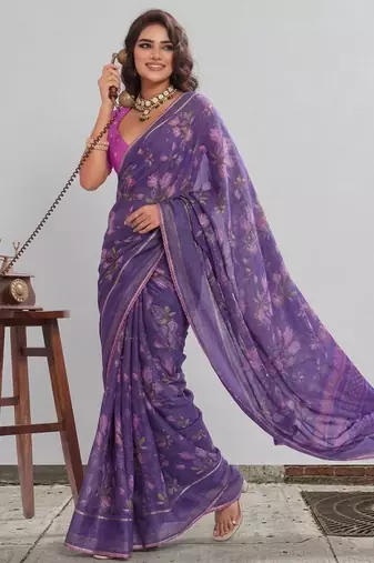 Violet color graceful floral printed smart ceremonial saree
