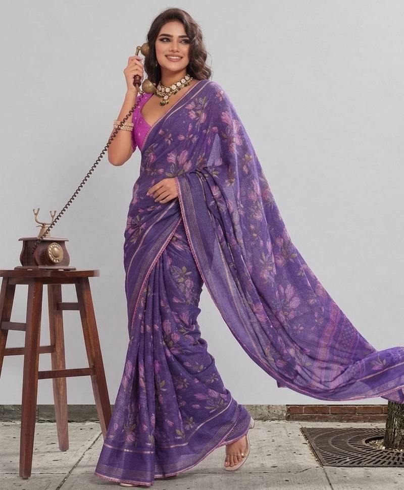 Violet color graceful floral printed smart ceremonial saree