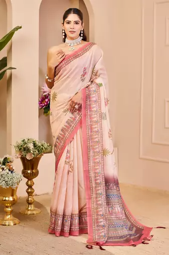 cream cotton blend zari weaving floral digital print festive saree with unstitched blouse piece