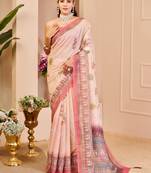 cream cotton blend zari weaving floral digital print festive saree with unstitched blouse piece