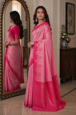 Pink soft silk blend banarasi jacuard work festive saree with unstitched blouse piece 4