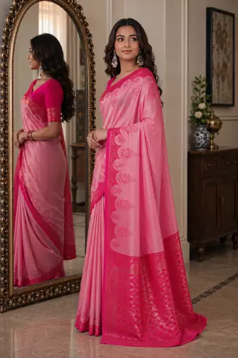 Pink soft silk blend banarasi jacuard work festive saree with unstitched blouse piece