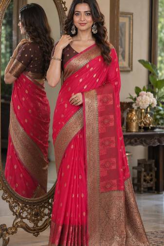 Pink soft silk blend banarasi jacuard work festive saree with unstitched blouse piece