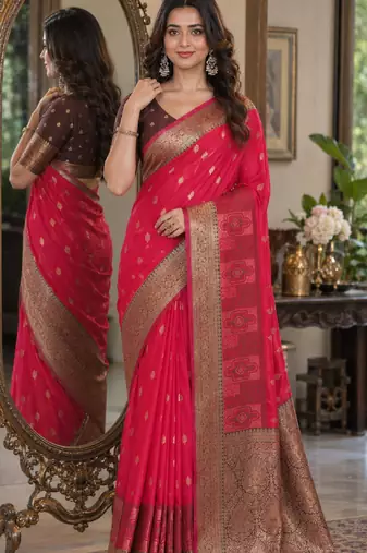 Pink soft silk blend banarasi jacuard work festive saree with unstitched blouse piece