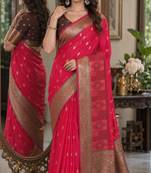 Pink soft silk blend banarasi jacuard work festive saree with unstitched blouse piece