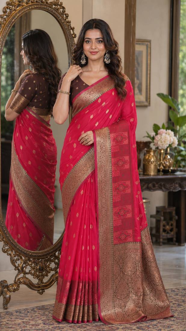 Pink soft silk blend banarasi jacuard work festive saree with unstitched blouse piece