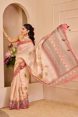 cream cotton blend zari weaving floral digital print festive saree with unstitched blouse piece 2