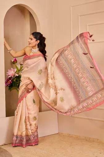 cream cotton blend zari weaving floral digital print festive saree with unstitched blouse piece