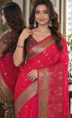Pink soft silk blend banarasi jacuard work festive saree with unstitched blouse piece 2