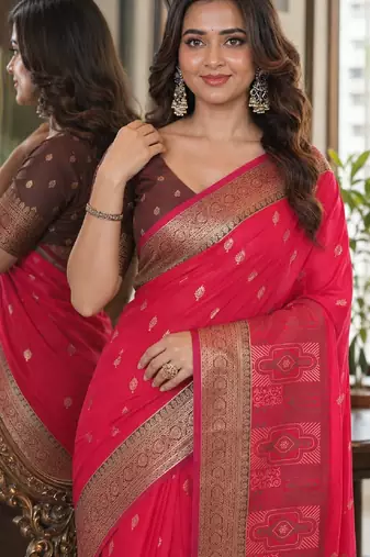 Pink soft silk blend banarasi jacuard work festive saree with unstitched blouse piece