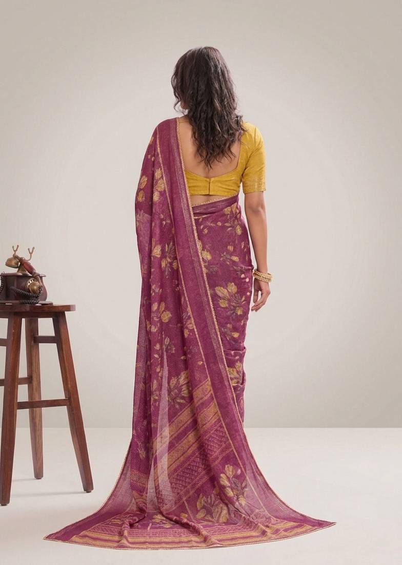 Wine color graceful floral printed smart ceremonial saree