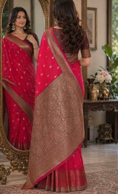Pink soft silk blend banarasi jacuard work festive saree with unstitched blouse piece 3