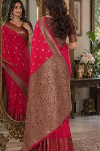 Pink soft silk blend banarasi jacuard work festive saree with unstitched blouse piece