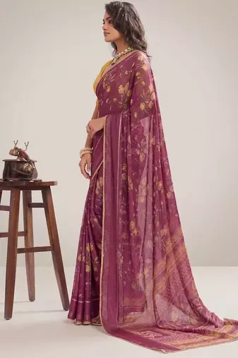 Wine color graceful floral printed smart ceremonial saree