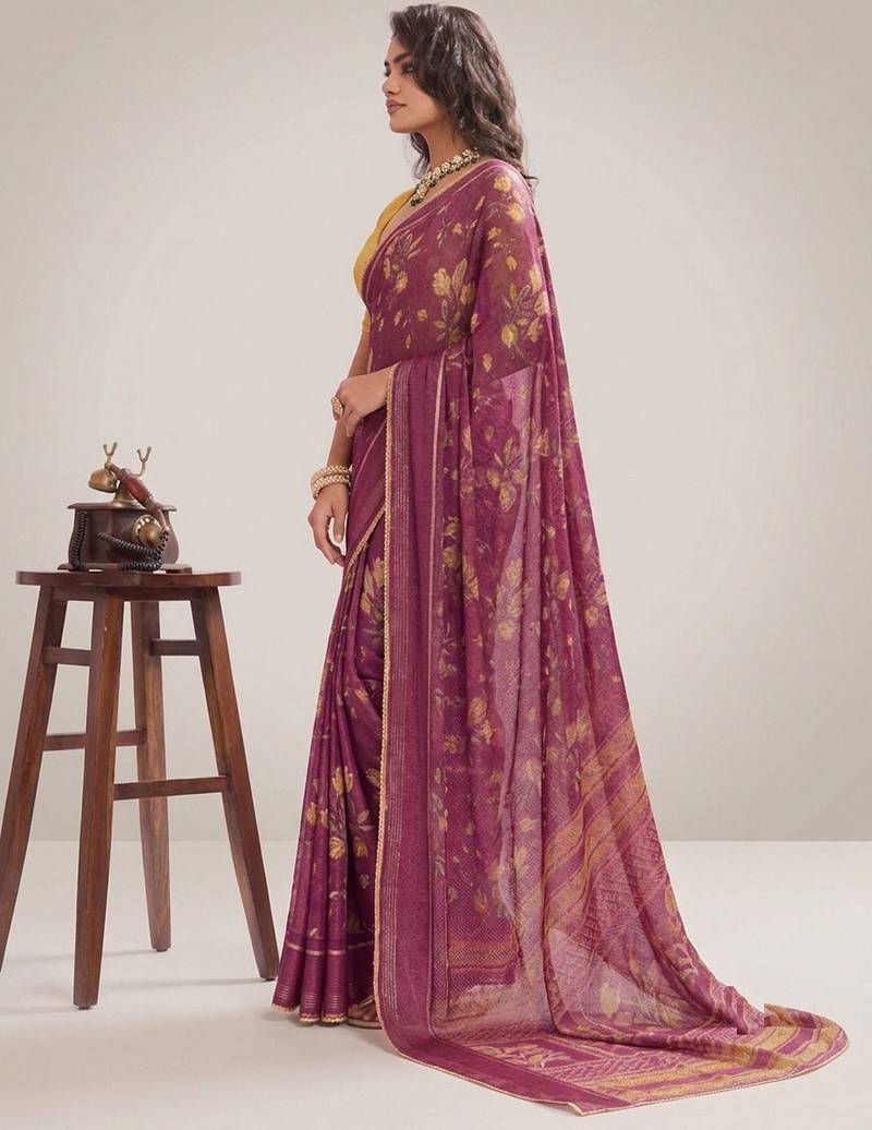 Wine color graceful floral printed smart ceremonial saree