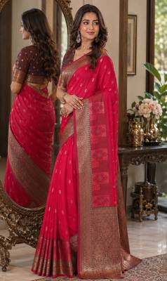 Pink soft silk blend banarasi jacuard work festive saree with unstitched blouse piece 4