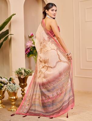 cream cotton blend zari weaving floral digital print festive saree with unstitched blouse piece 3