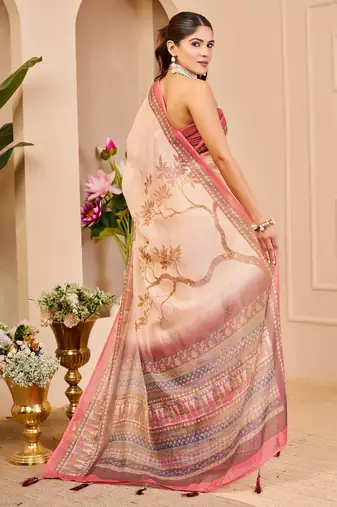 cream cotton blend zari weaving floral digital print festive saree with unstitched blouse piece