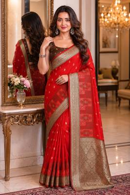 Red soft silk blend banarasi jacuard work festive saree with unstitched blouse piece 1