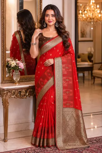 Red soft silk blend banarasi jacuard work festive saree with unstitched blouse piece