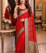 Red soft silk blend banarasi jacuard work festive saree with unstitched blouse piece