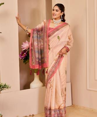 cream cotton blend zari weaving floral digital print festive saree with unstitched blouse piece 4