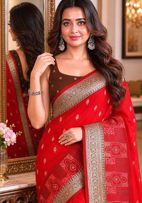 Red soft silk blend banarasi jacuard work festive saree with unstitched blouse piece 2