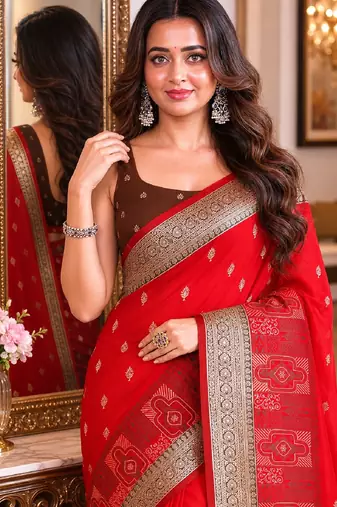 Red soft silk blend banarasi jacuard work festive saree with unstitched blouse piece
