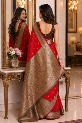 Red soft silk blend banarasi jacuard work festive saree with unstitched blouse piece 3