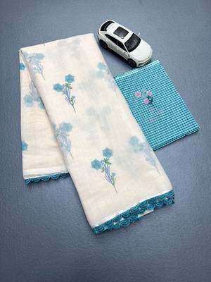 off white smart linen cotton blend smart floral printed saree 5