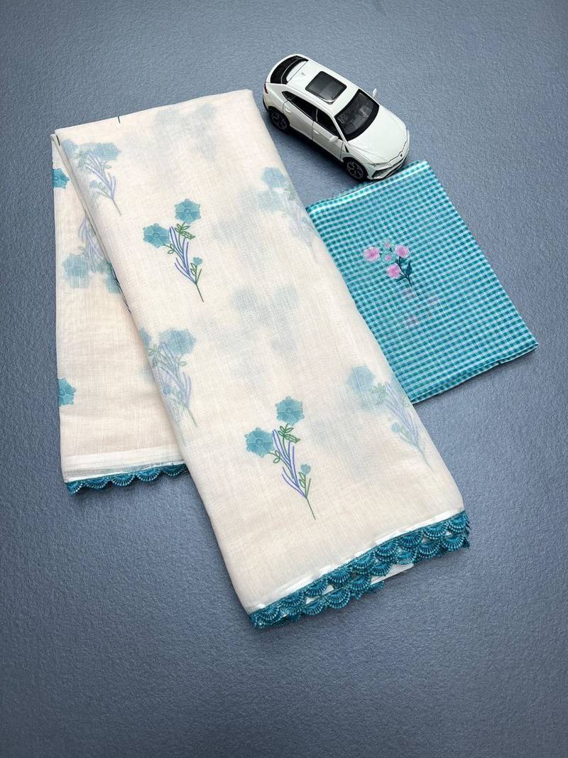 off white smart linen cotton blend smart floral printed saree