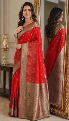Red soft silk blend banarasi jacuard work festive saree with unstitched blouse piece 4