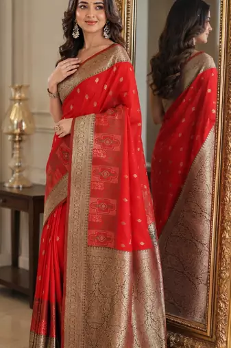 Red soft silk blend banarasi jacuard work festive saree with unstitched blouse piece