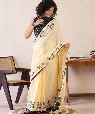 yellow smart linen cotton blend smart warli art printed saree 1