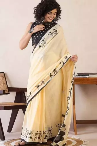 yellow smart linen cotton blend smart warli art printed saree