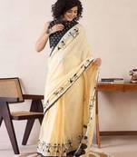 yellow smart linen cotton blend smart warli art printed saree
