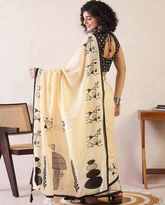 yellow smart linen cotton blend smart warli art printed saree 2