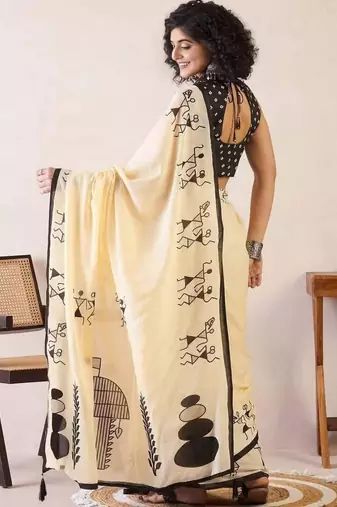 yellow smart linen cotton blend smart warli art printed saree