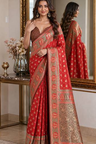Red soft silk blend banarasi jacuard work festive saree with unstitched blouse piece