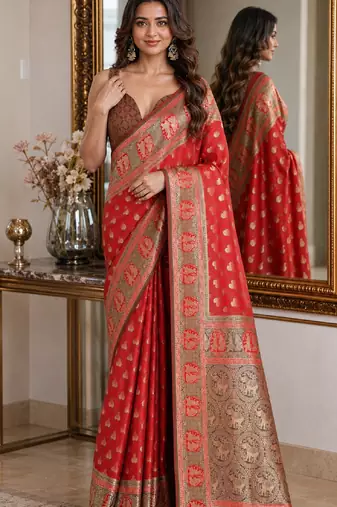 Red soft silk blend banarasi jacuard work festive saree with unstitched blouse piece