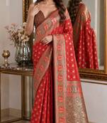 Red soft silk blend banarasi jacuard work festive saree with unstitched blouse piece