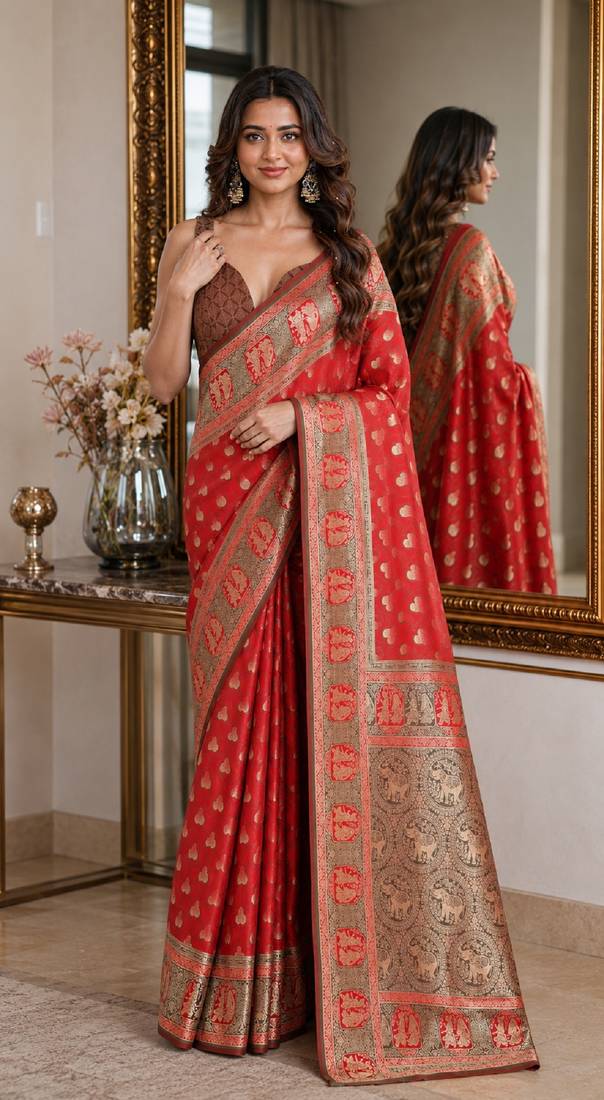 Red soft silk blend banarasi jacuard work festive saree with unstitched blouse piece