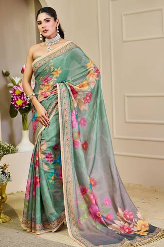 rama cotton blend zari weaving floral digital print festive saree with unstitched blouse piece